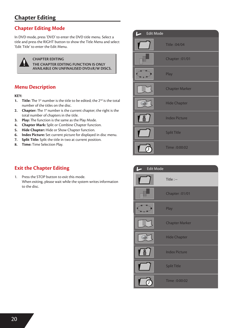 20 chapter editing p g, Chapter editing mode, Menu description | Exit the chapter editing | Wintal DVDRX160 User Manual | Page 21 / 47
