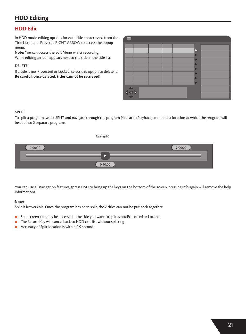 21 hdd editing g, Hdd edit | Wintal DVDRX160 User Manual | Page 22 / 47