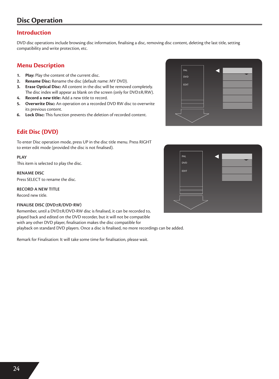 24 disc operation p, Introduction, Menu description | Edit disc (dvd) | Wintal DVDRX160 User Manual | Page 25 / 47