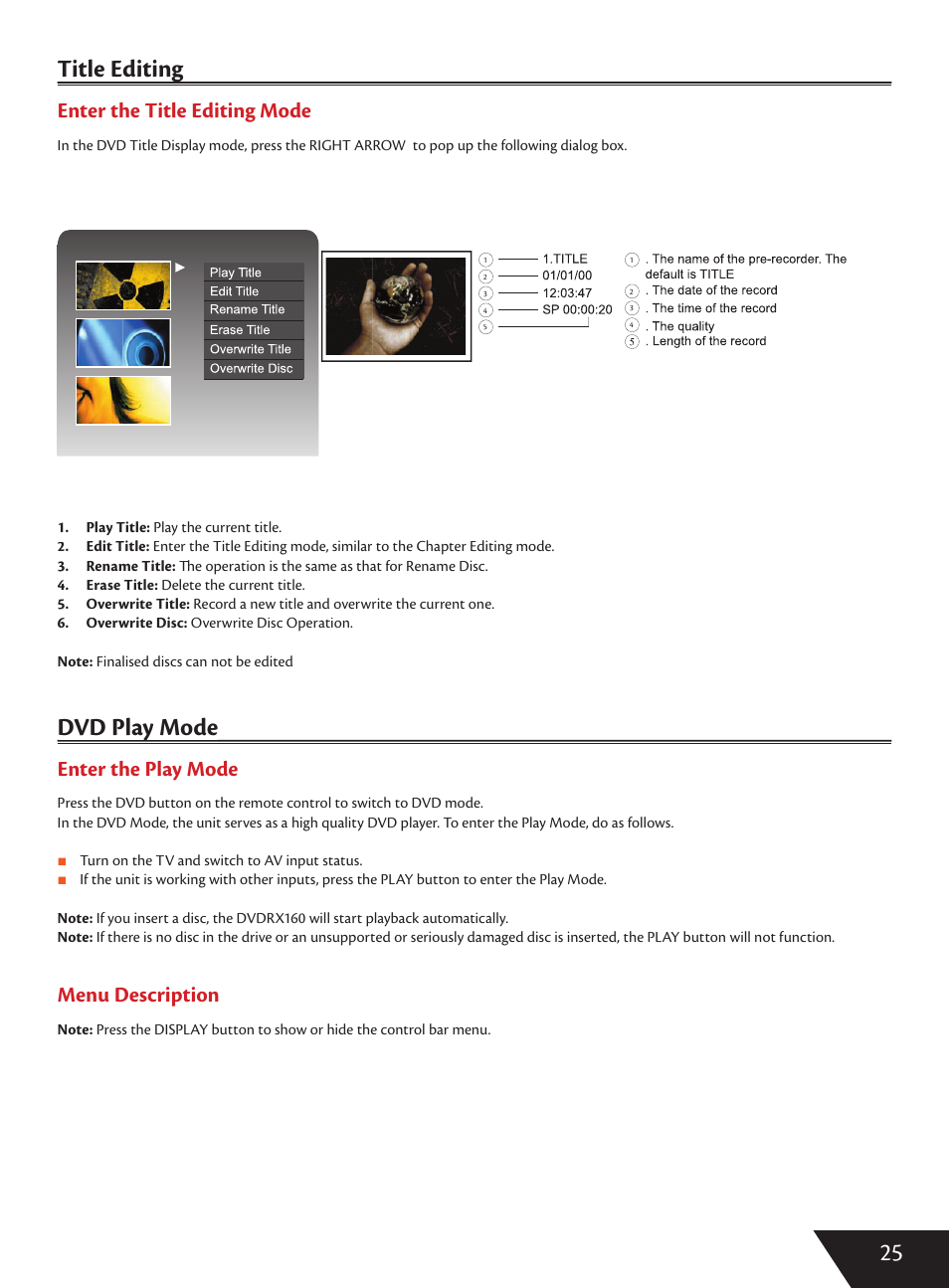 25 title editing g, Dvd play mode y, Enter the title editing mode | Enter the play mode, Menu description | Wintal DVDRX160 User Manual | Page 26 / 47