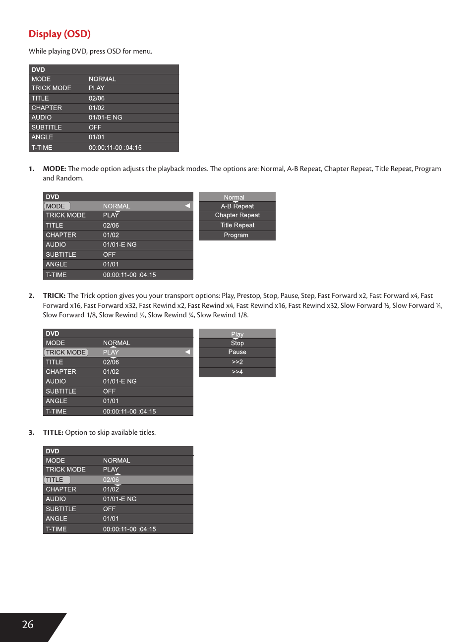 Display (osd) | Wintal DVDRX160 User Manual | Page 27 / 47