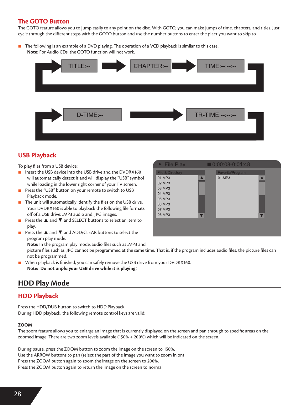 Hdd play mode y, Th e goto button, Usb playback | Hdd playback | Wintal DVDRX160 User Manual | Page 29 / 47