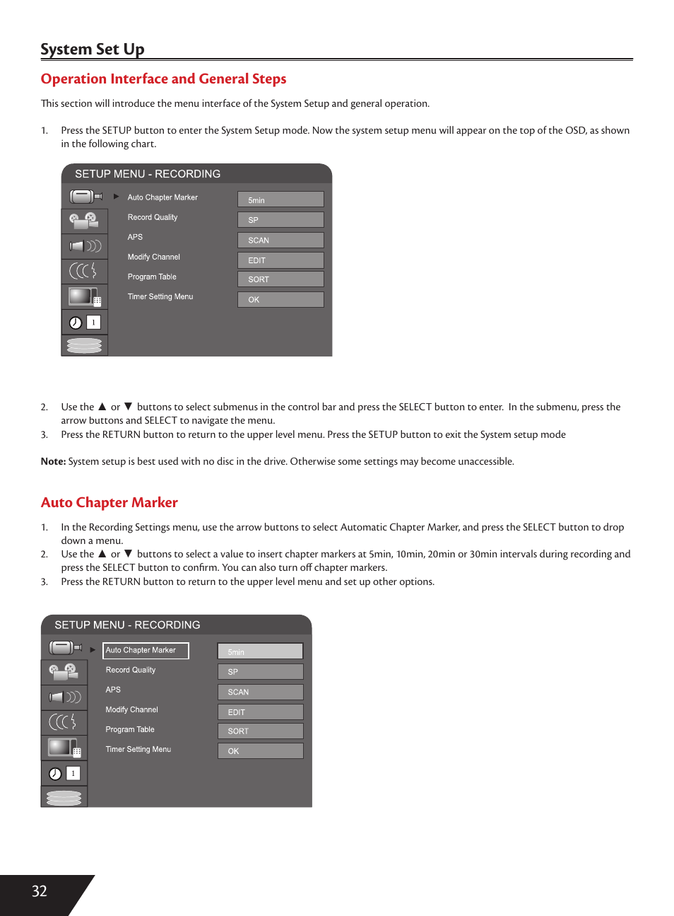 32 system set up y p, Operation interface and general steps, Auto chapter marker | Wintal DVDRX160 User Manual | Page 33 / 47