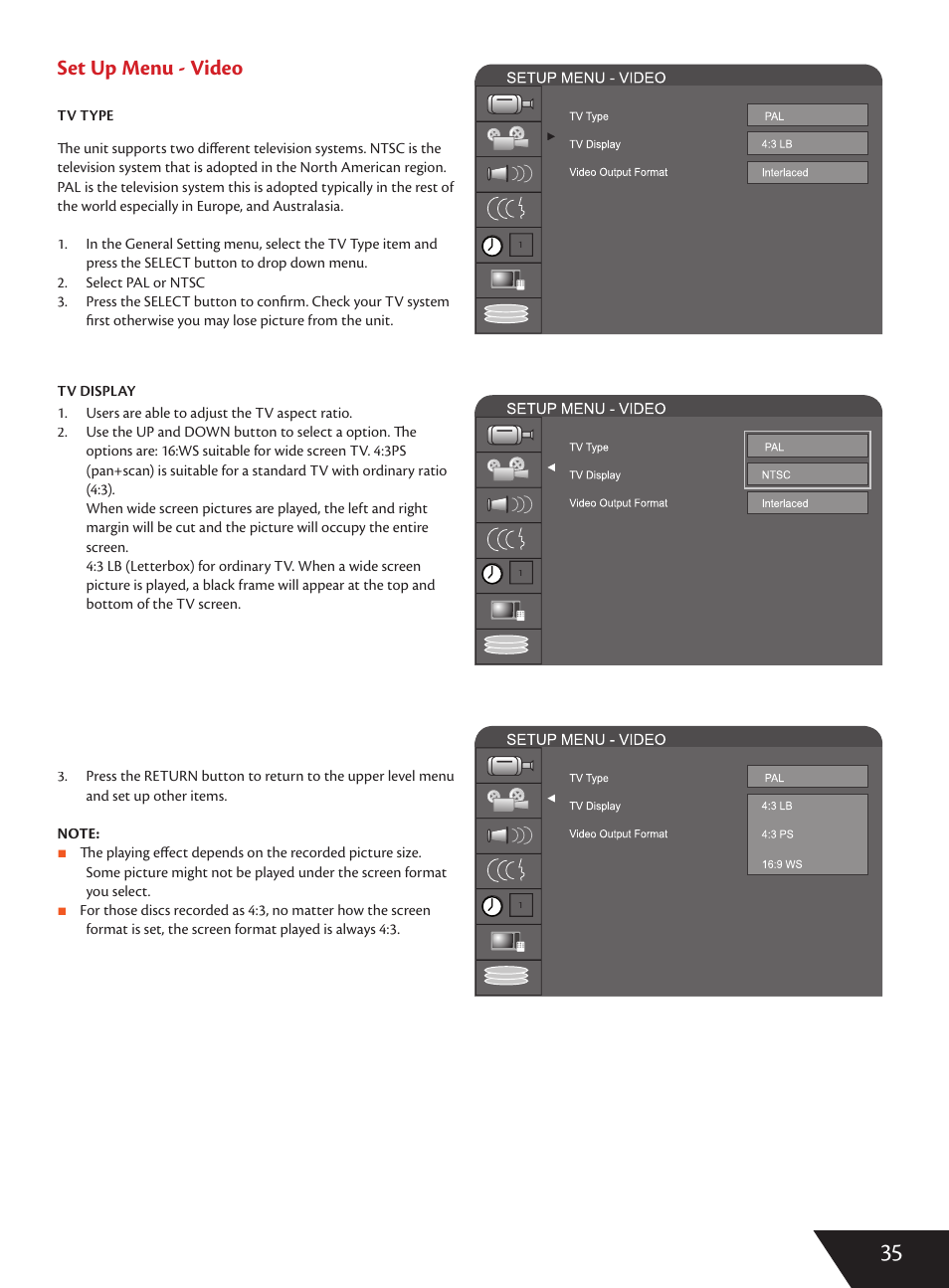 Set up menu - video | Wintal DVDRX160 User Manual | Page 36 / 47