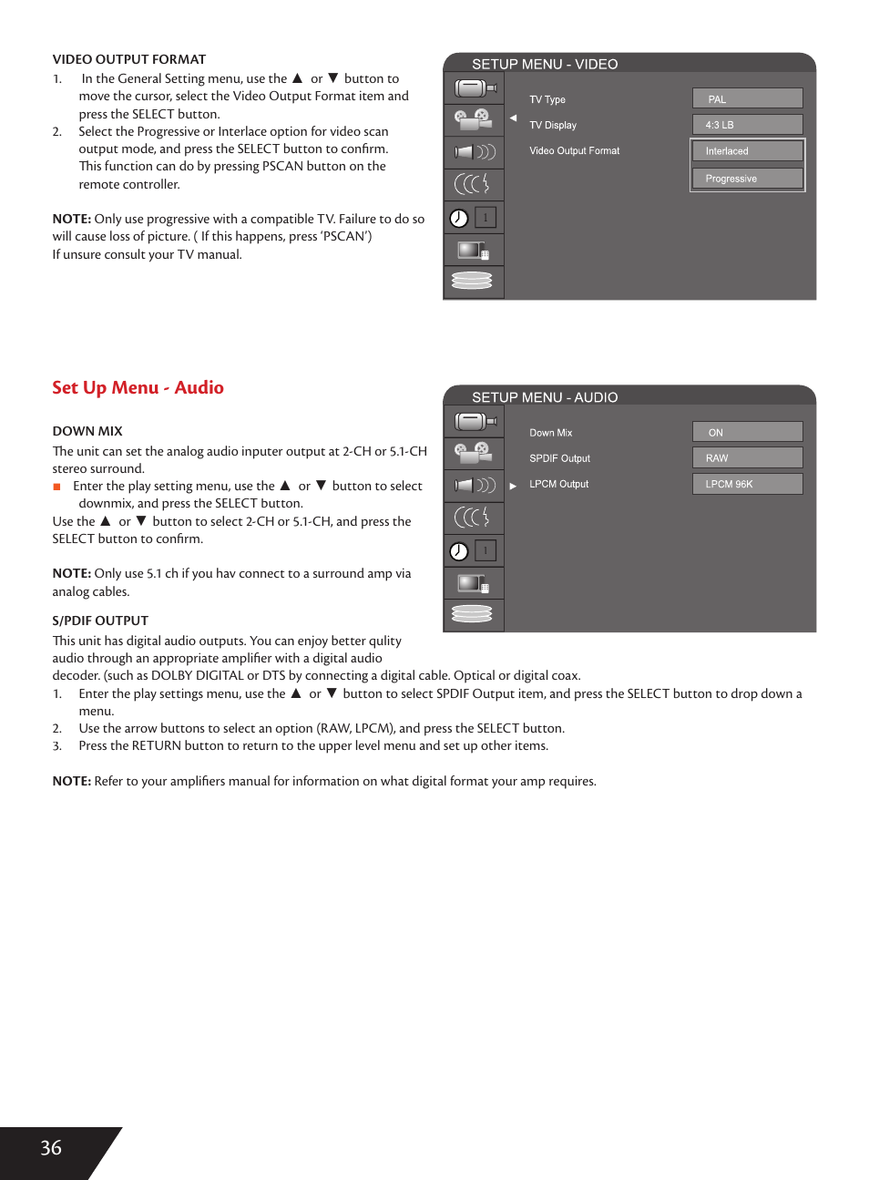 Set up menu - audio | Wintal DVDRX160 User Manual | Page 37 / 47