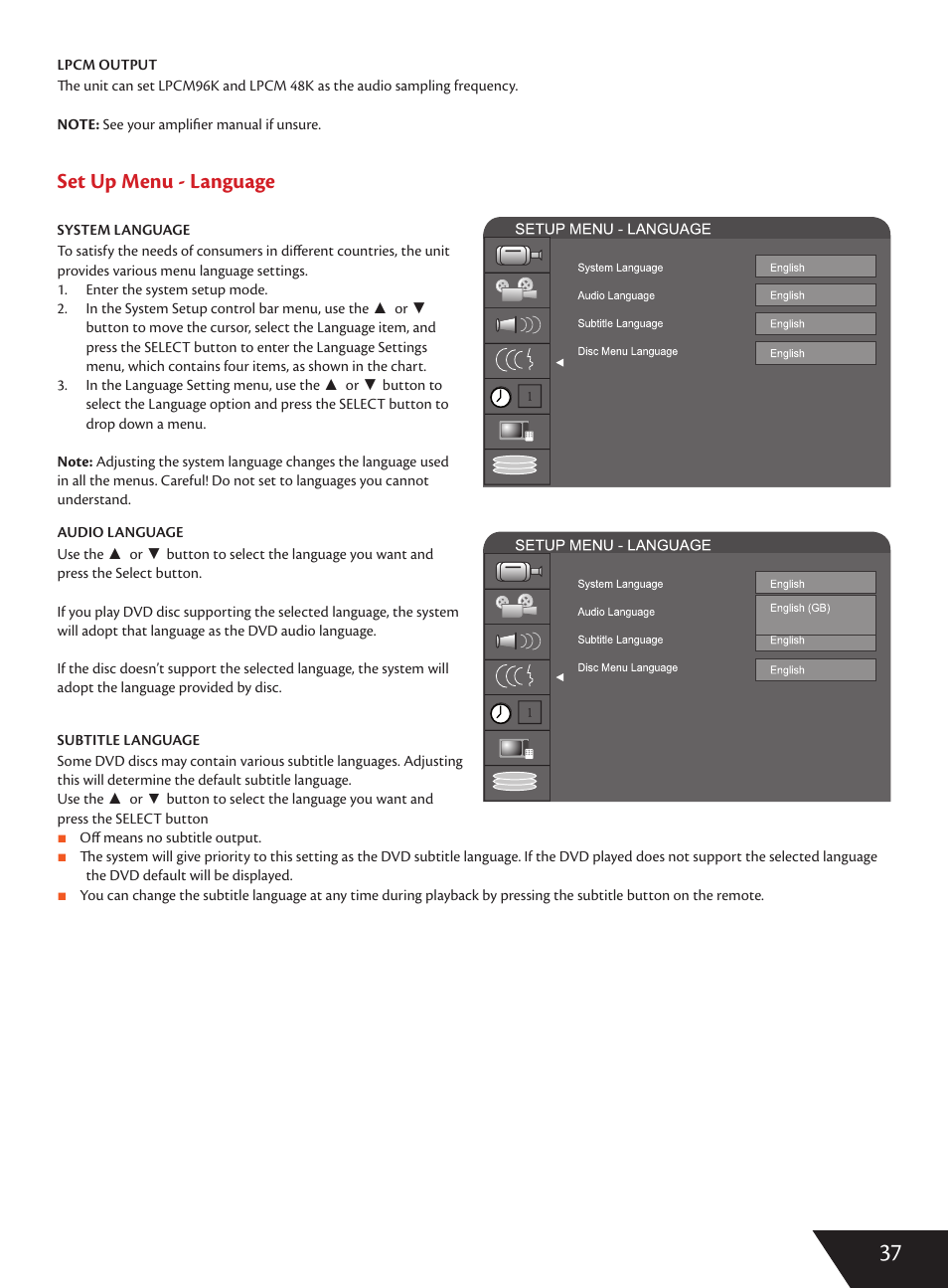 Set up menu - language | Wintal DVDRX160 User Manual | Page 38 / 47