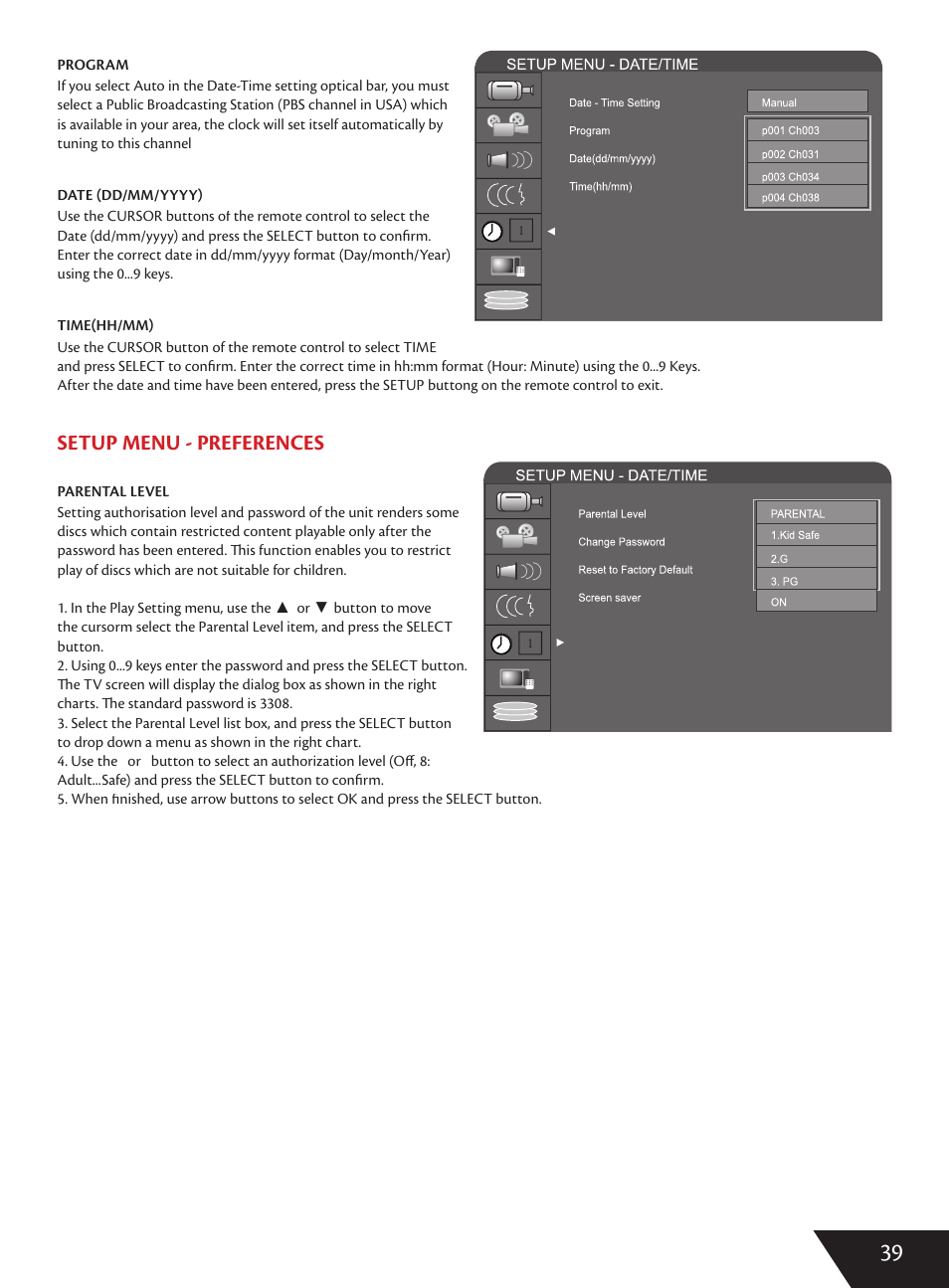 Setup menu - preferences | Wintal DVDRX160 User Manual | Page 40 / 47