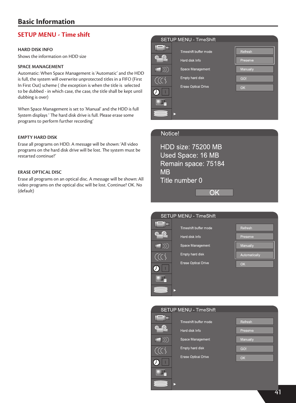 41 basic information, Setup menu - time shift | Wintal DVDRX160 User Manual | Page 42 / 47