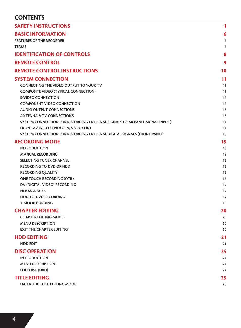 4contents, Safety instructions 1 basic information 6, Recording mode 15 | Chapter editing 20, Hdd editing 21, Disc operation 24, Title editing 25 | Wintal DVDRX160 User Manual | Page 5 / 47