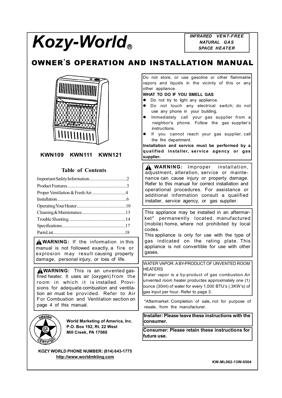 World Marketing of America KOZY-WORLD KWN121 User Manual | 23 pages