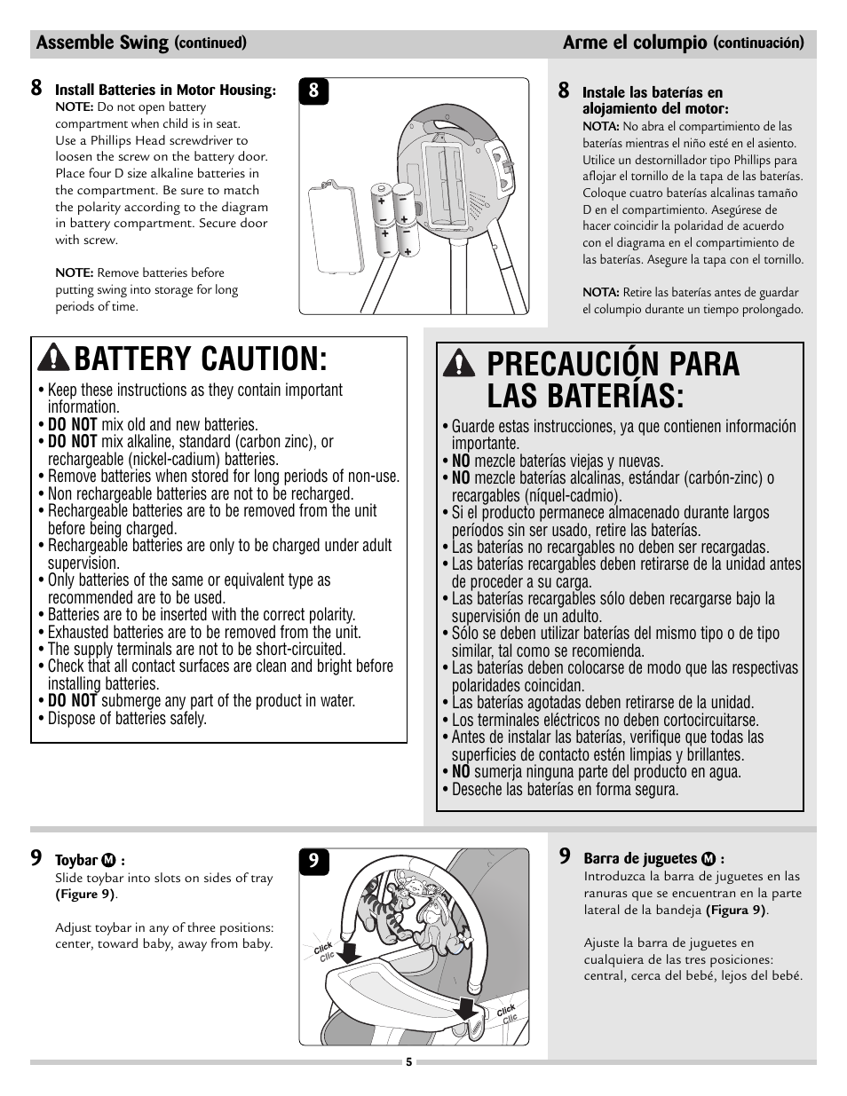 Battery caution, Precaución para las baterías | Disney 53020 User Manual | Page 5 / 8