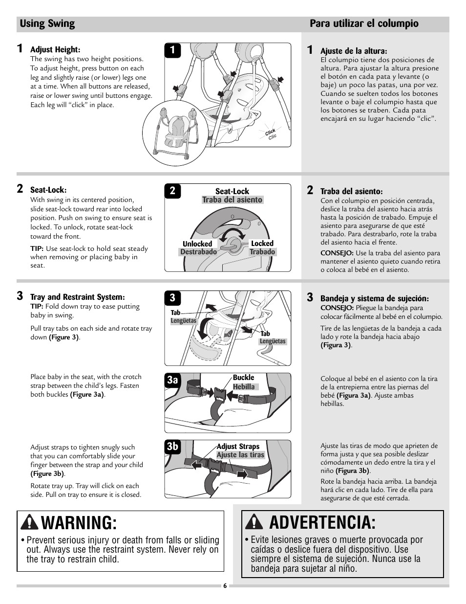 Warning, Advertencia, Using swing para utilizar el columpio 1 | 33a 3b | Disney 53020 User Manual | Page 6 / 8