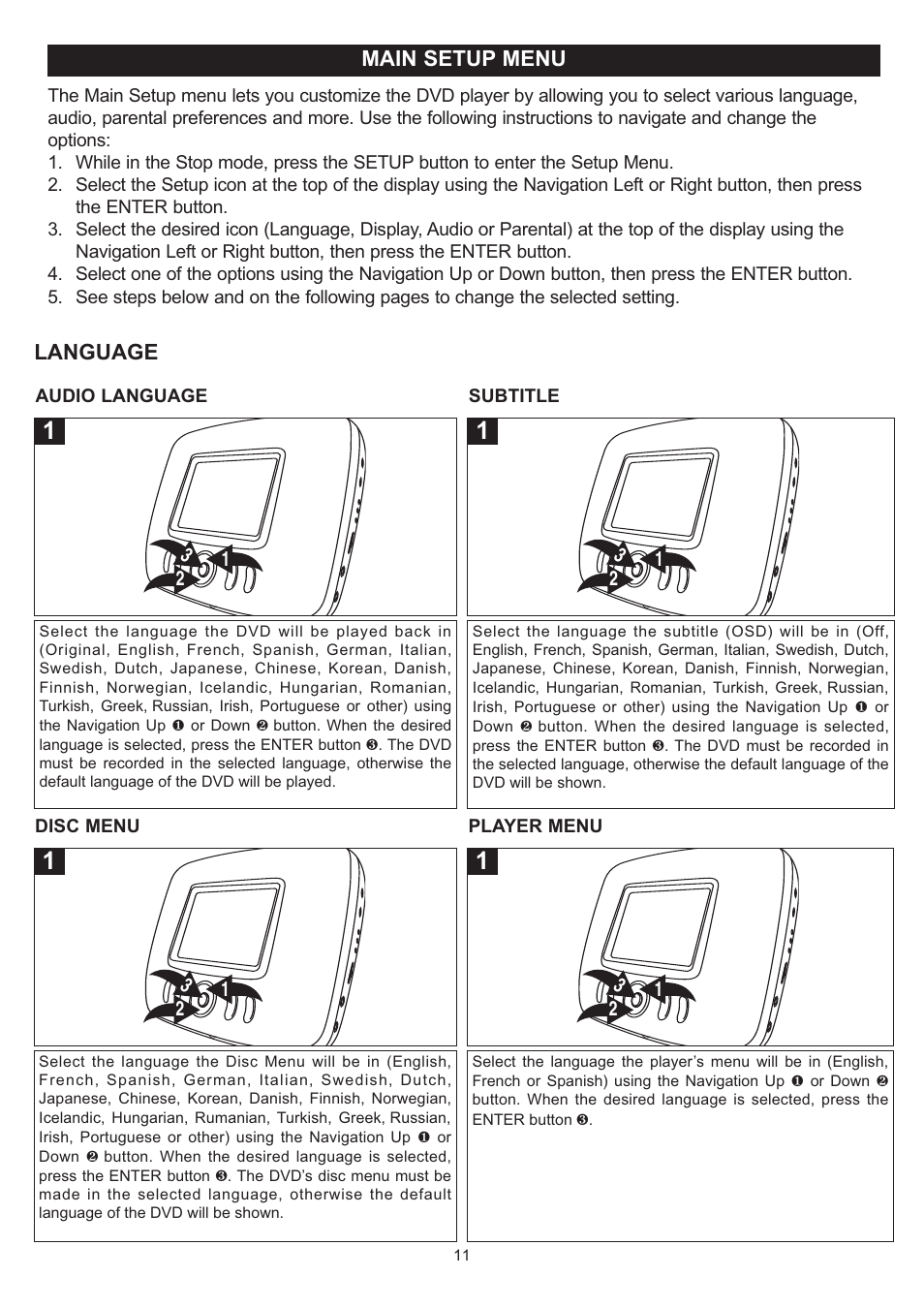 Main setup menu, Language | Disney DP3500-FLR User Manual | Page 12 / 23