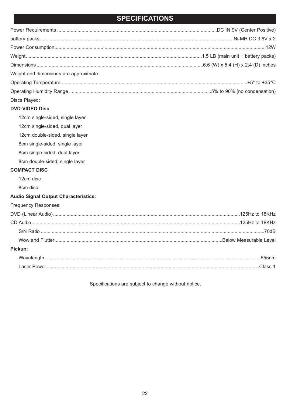 Specifications | Disney DP3500-FLR User Manual | Page 23 / 23