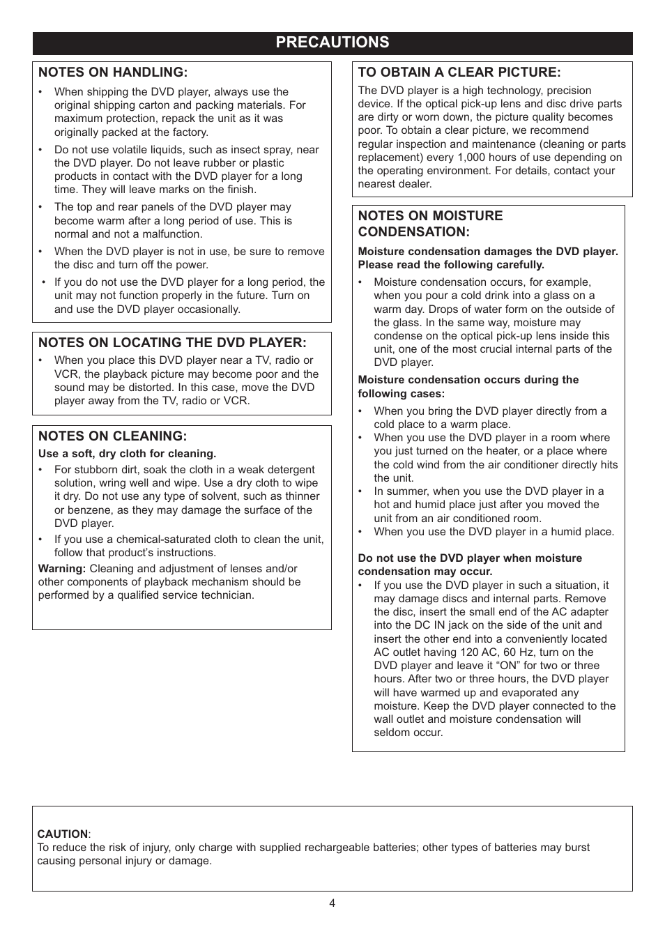 Precautions | Disney DP3500-FLR User Manual | Page 5 / 23