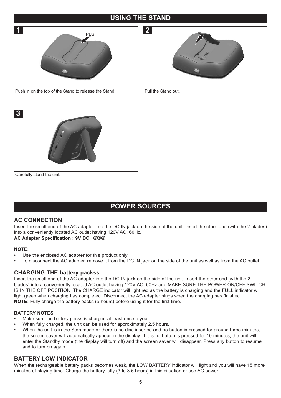 Power sources, Using the stand | Disney DP3500-FLR User Manual | Page 6 / 23