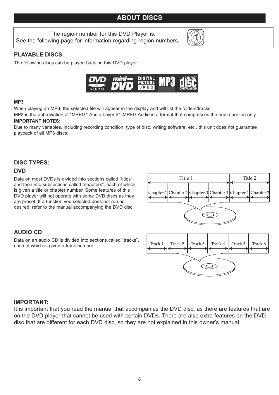 About discs | Disney DP3500-FLR User Manual | Page 9 / 23