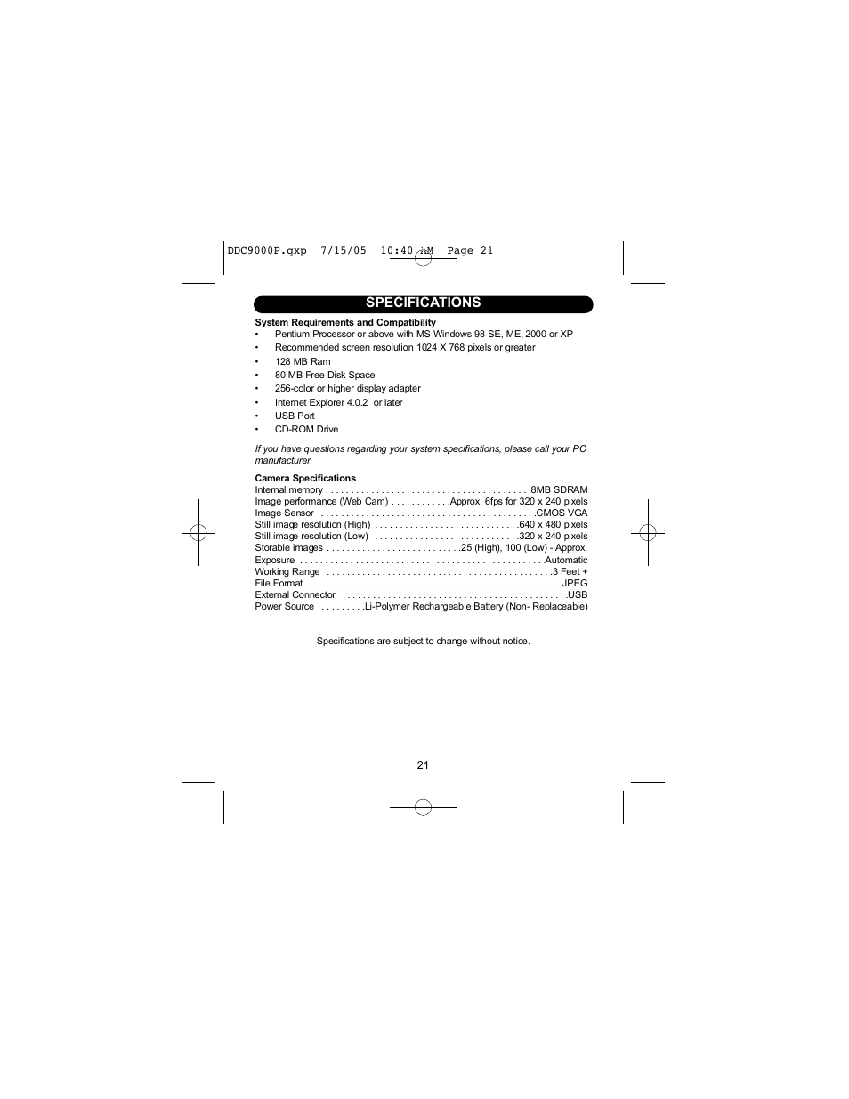 Specifications | Disney DDC9000-P User Manual | Page 22 / 65