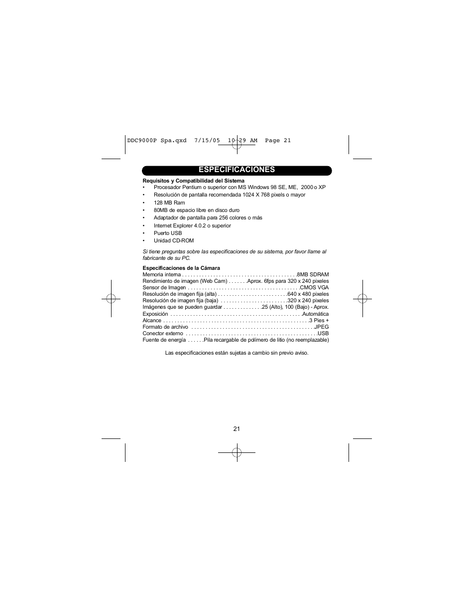 Especificaciones | Disney DDC9000-P User Manual | Page 43 / 65