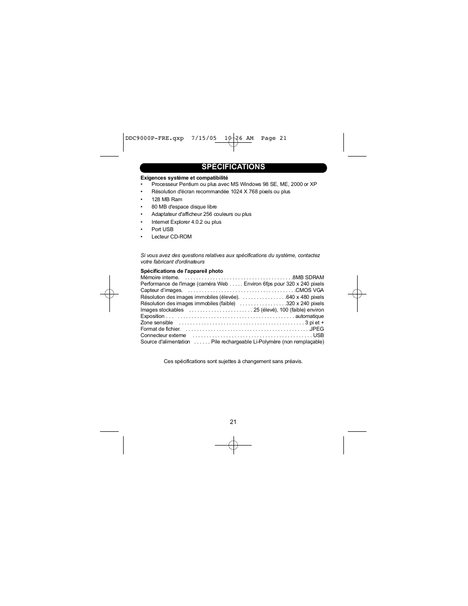 Spécifications | Disney DDC9000-P User Manual | Page 64 / 65