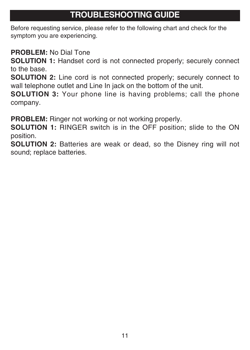 Troubleshooting guide | Disney DPH8010-P User Manual | Page 12 / 13