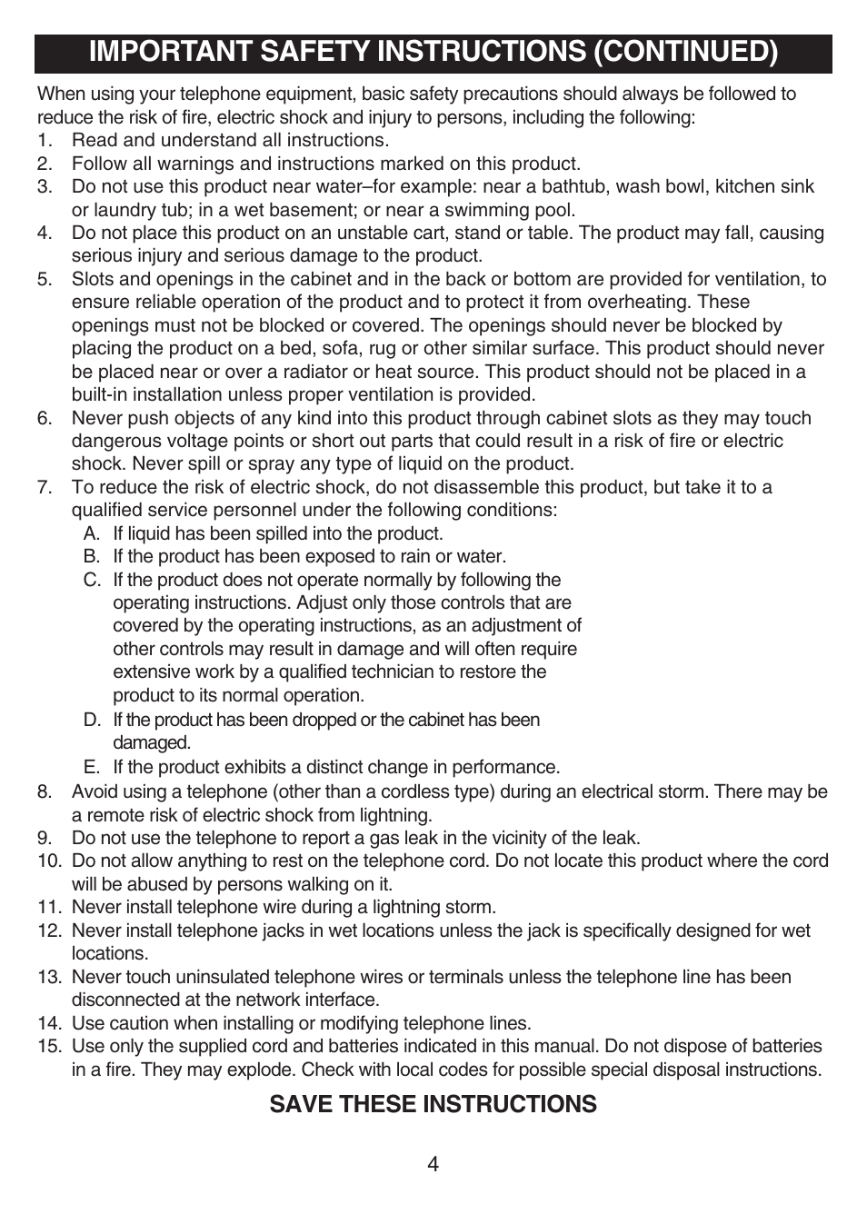 Important safety instructions (continued), Save these instructions | Disney DPH8010-P User Manual | Page 5 / 13