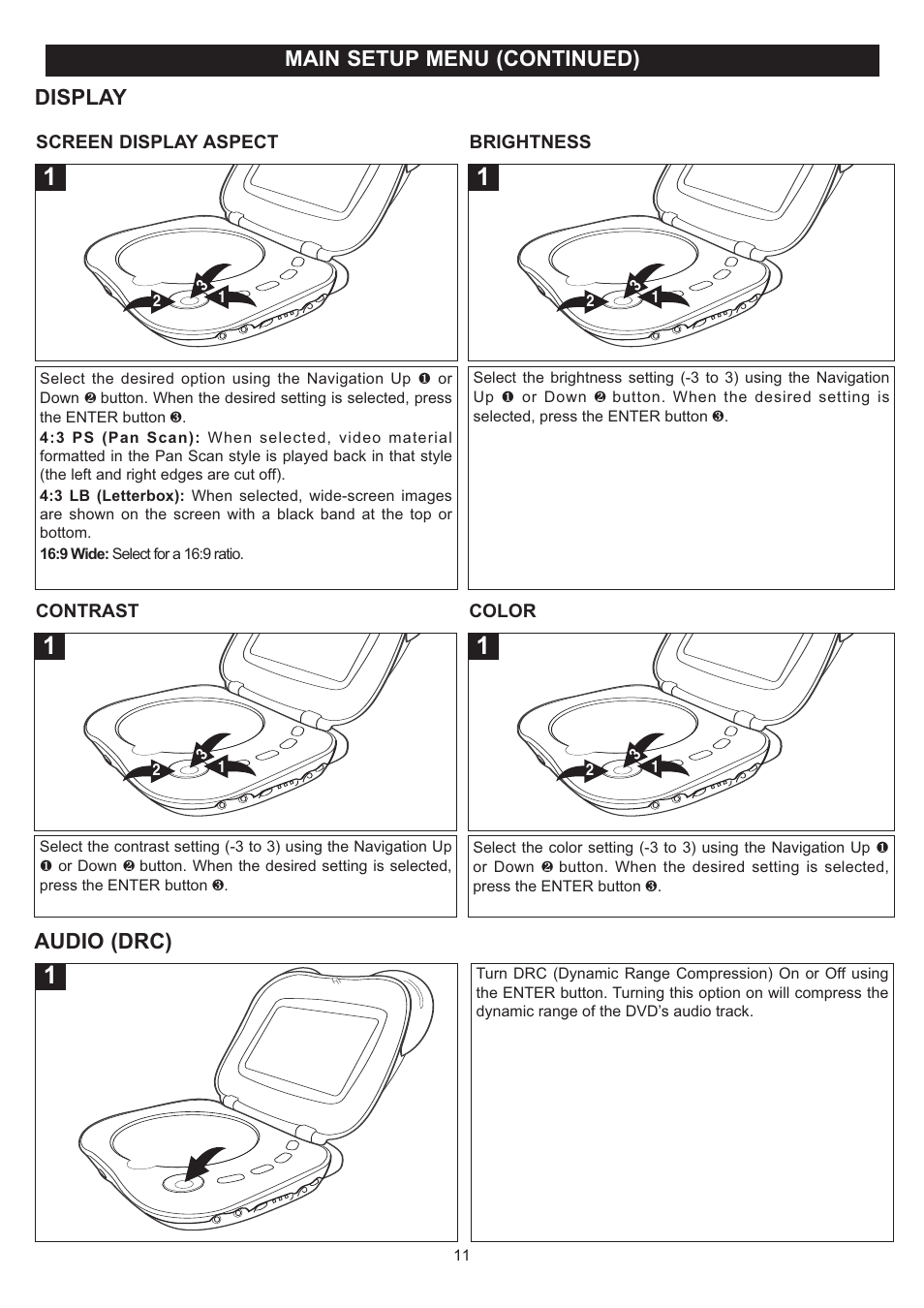 Main setup menu (continued), Audio (drc), Display | Disney DP7000 User Manual | Page 12 / 66