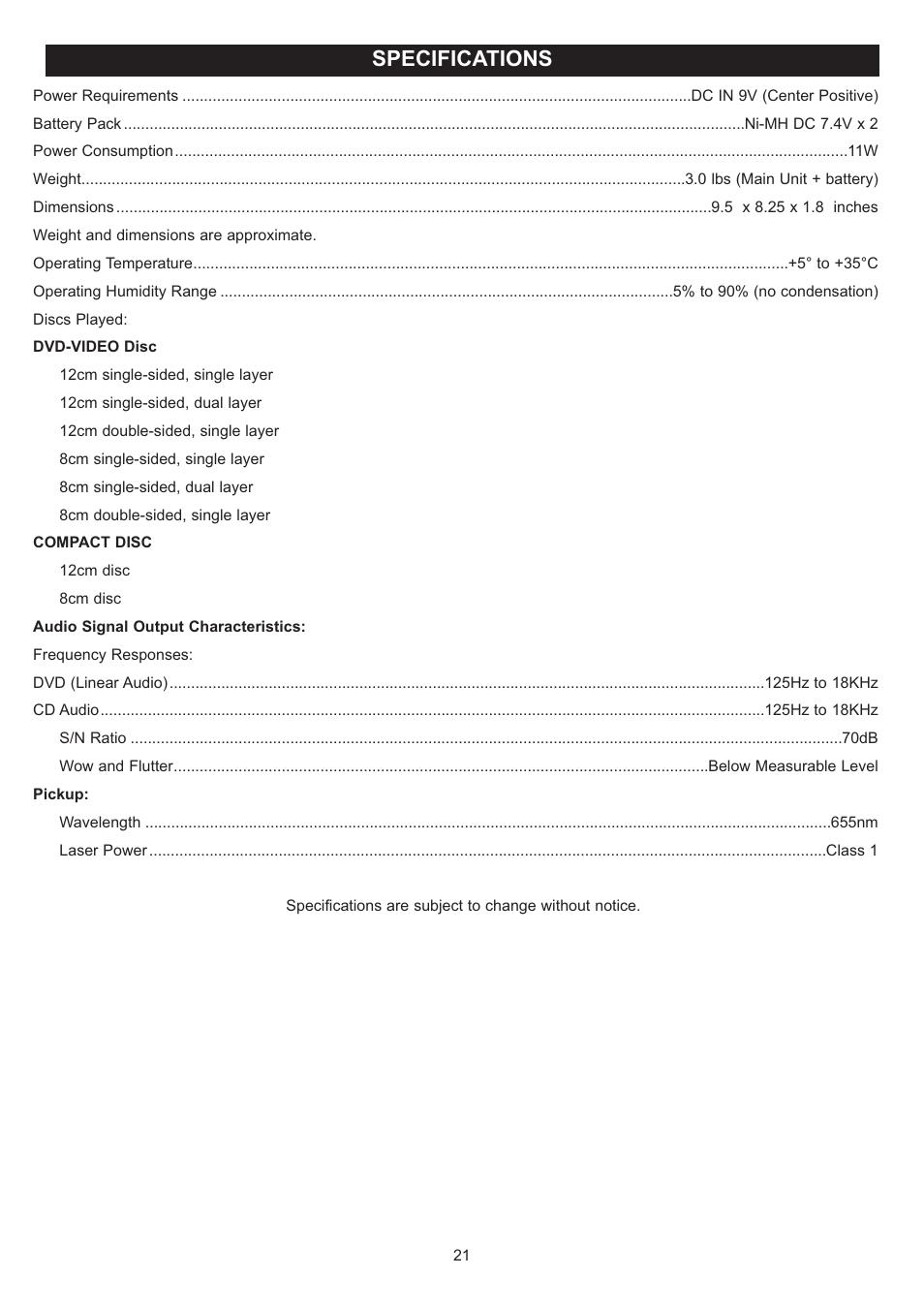 Specifications | Disney DP7000 User Manual | Page 22 / 66
