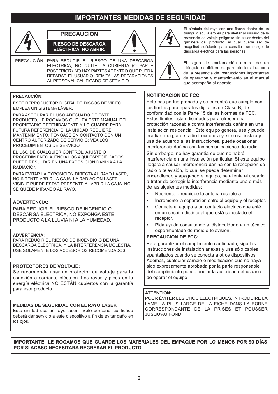 Importantes medidas de seguridad, Precaución | Disney DP7000 User Manual | Page 24 / 66