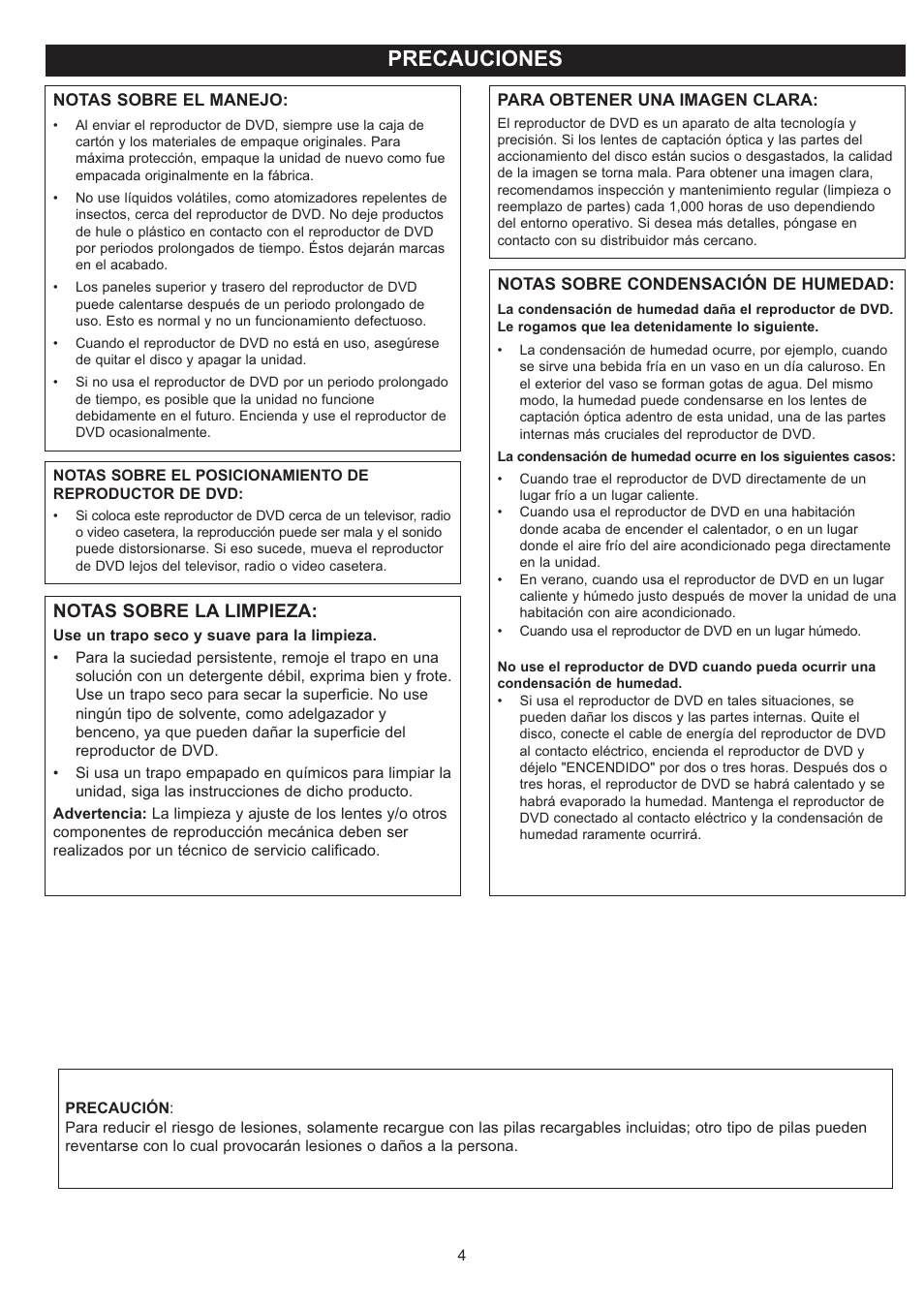 Precauciones, Notas sobre la limpieza | Disney DP7000 User Manual | Page 26 / 66