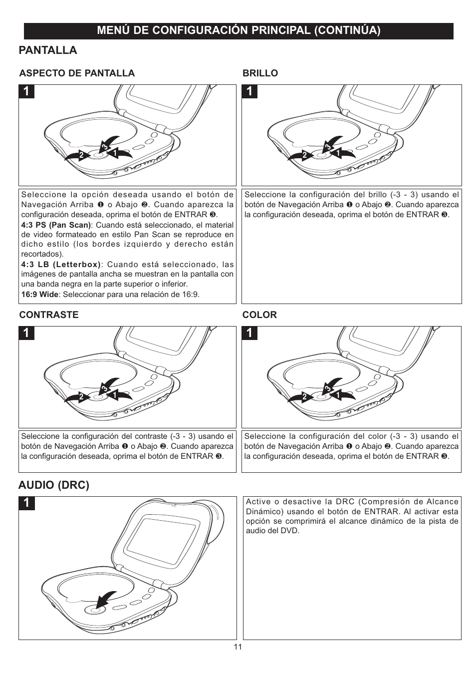 Menú de configuración principal (continúa), Audio (drc), Pantalla | Disney DP7000 User Manual | Page 33 / 66