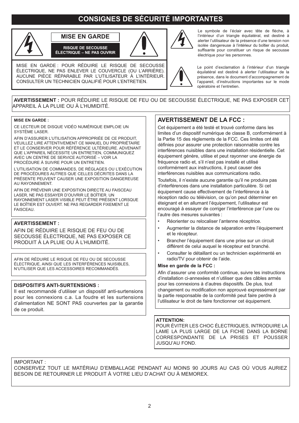 Consignes de sécurité importantes, Mise en garde, Avertissement de la fcc | Disney DP7000 User Manual | Page 45 / 66