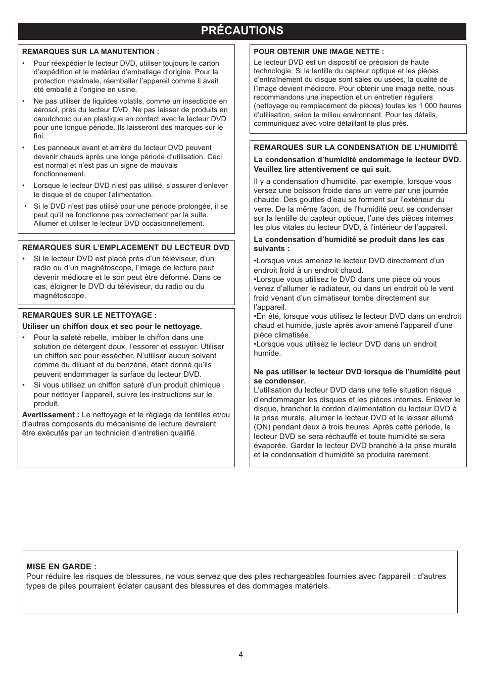 Précautions | Disney DP7000 User Manual | Page 47 / 66