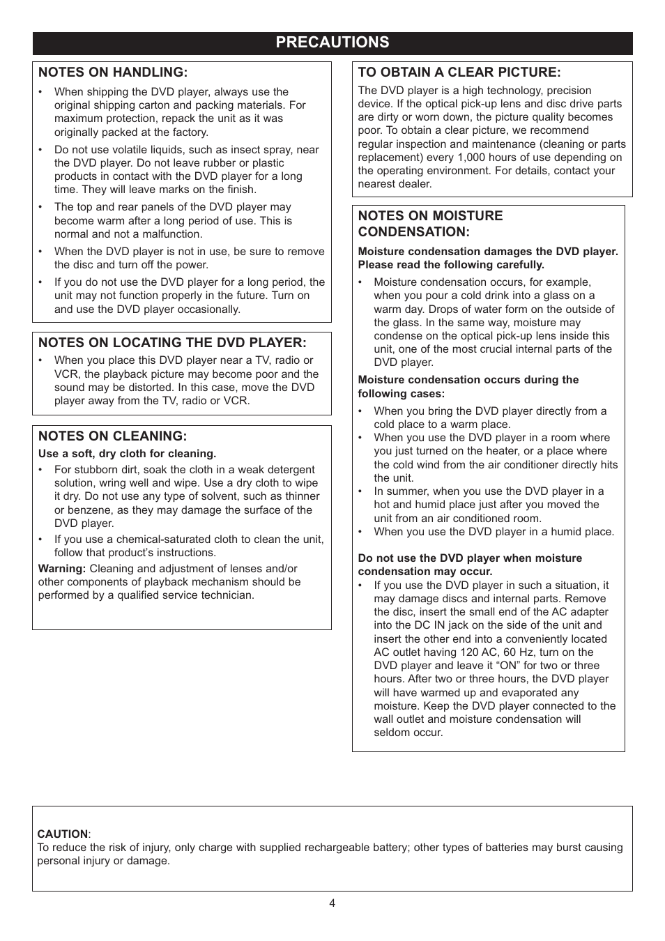 Precautions | Disney DP7000 User Manual | Page 5 / 66