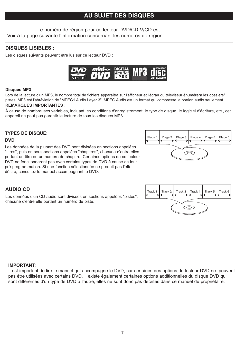 Au sujet des disques, Disques lisibles, Audio cd | Disney DP7000 User Manual | Page 50 / 66