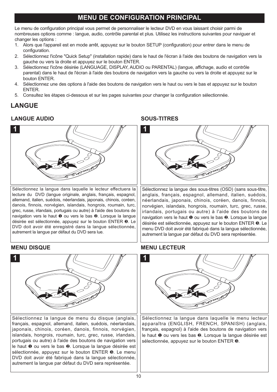 Menu de configuration principal, Langue | Disney DP7000 User Manual | Page 53 / 66