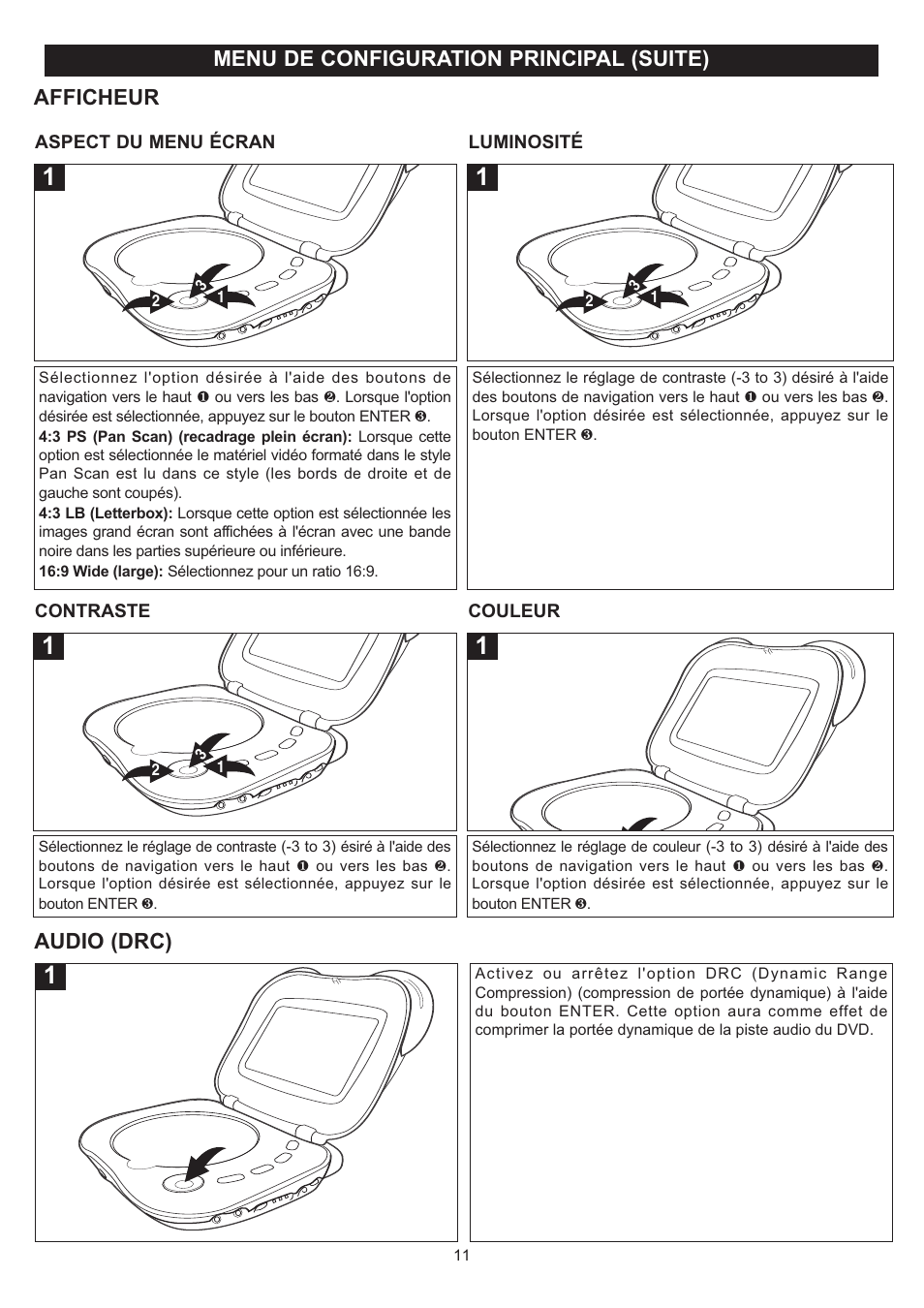 Menu de configuration principal (suite), Afficheur, Audio (drc) | Disney DP7000 User Manual | Page 54 / 66