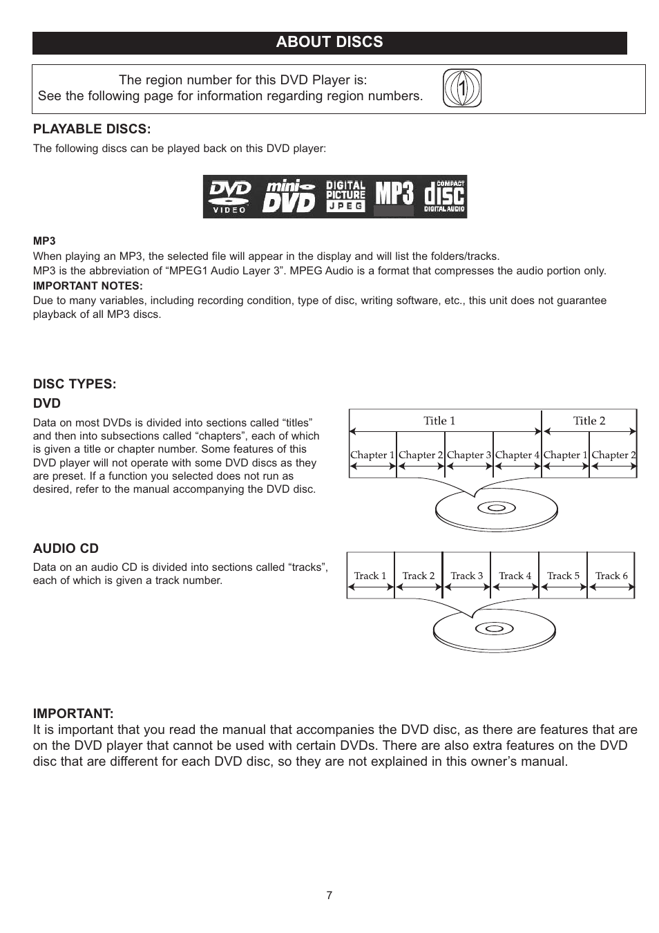 About discs | Disney DP7000 User Manual | Page 8 / 66