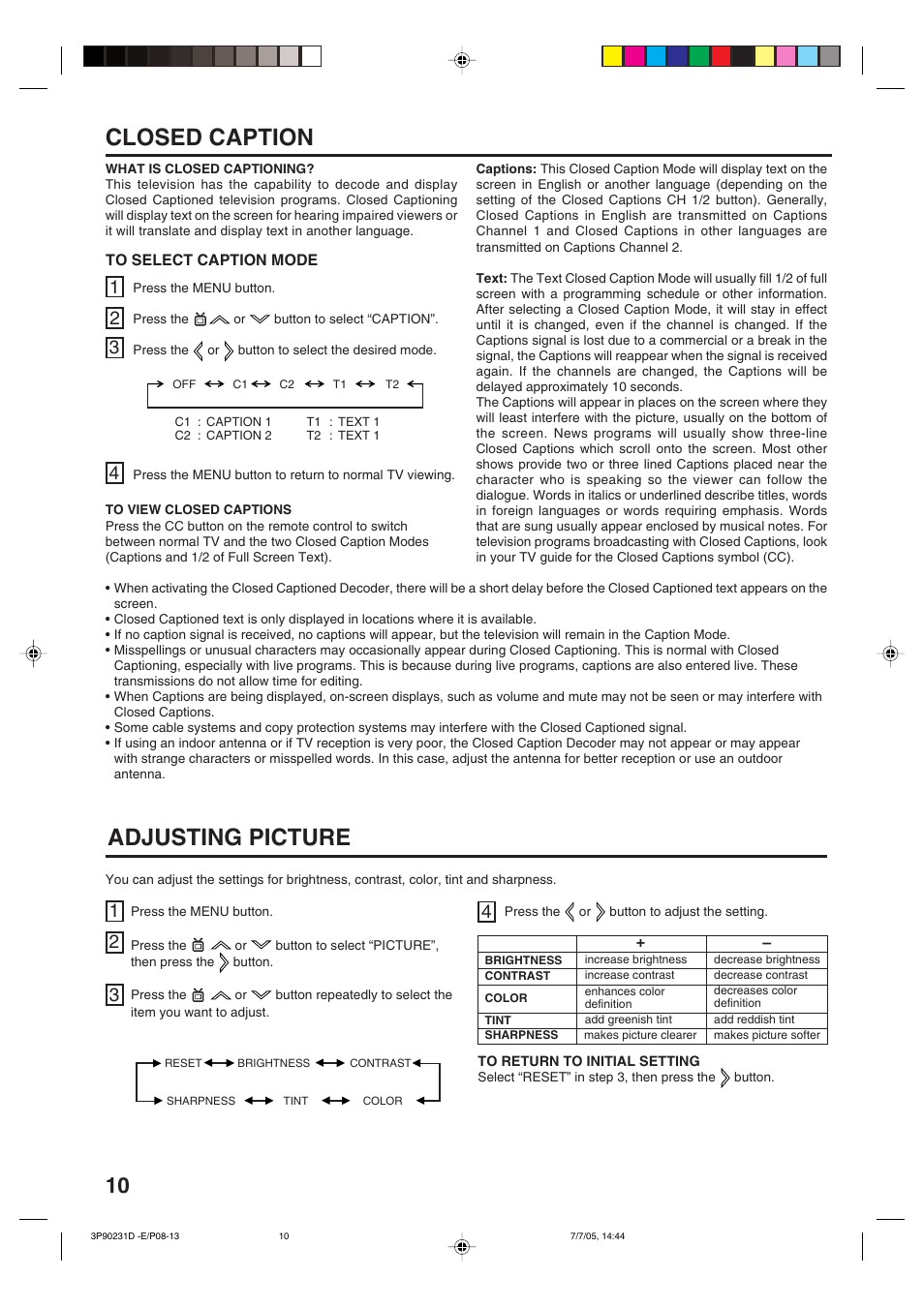 Closed caption, Adjusting picture | Disney 13" Color TV User Manual | Page 10 / 32