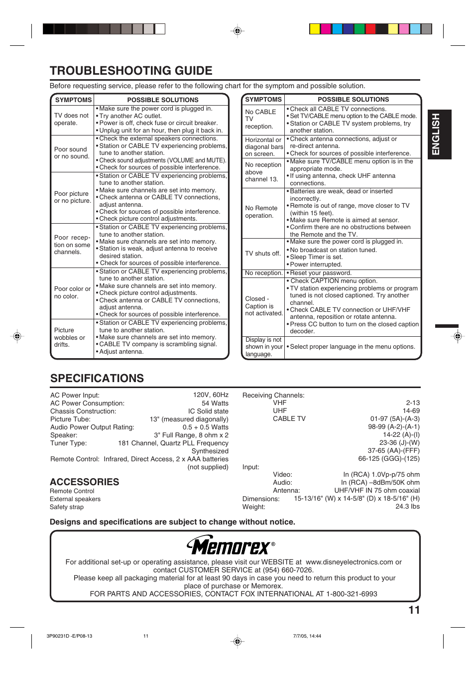 Troubleshooting guide, Specifications, English | Accessories | Disney 13" Color TV User Manual | Page 11 / 32