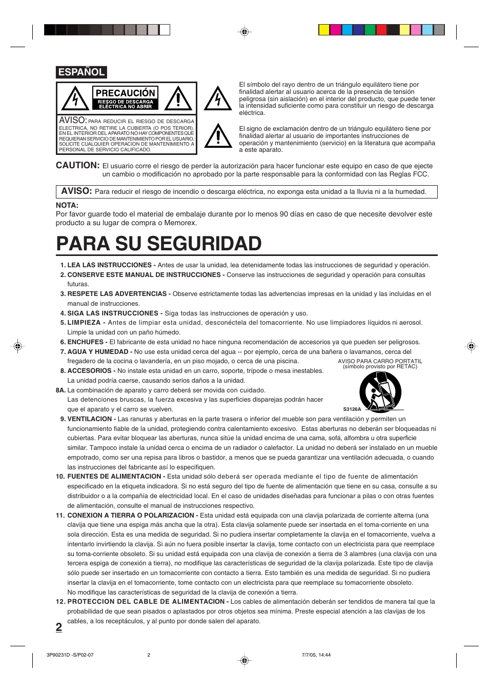 Para su seguridad, Español, Caution | Aviso | Disney 13" Color TV User Manual | Page 12 / 32