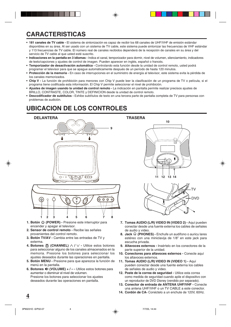 Caracteristicas ubicacion de los controles, Delantera trasera | Disney 13" Color TV User Manual | Page 14 / 32