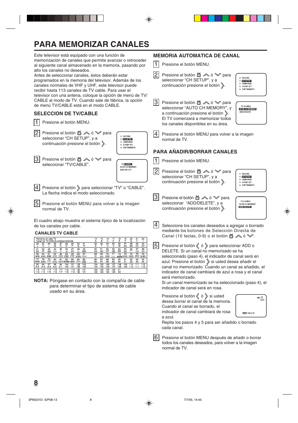 Seleccion de tv/cable, Para añadir/borrar canales | Disney 13" Color TV User Manual | Page 18 / 32