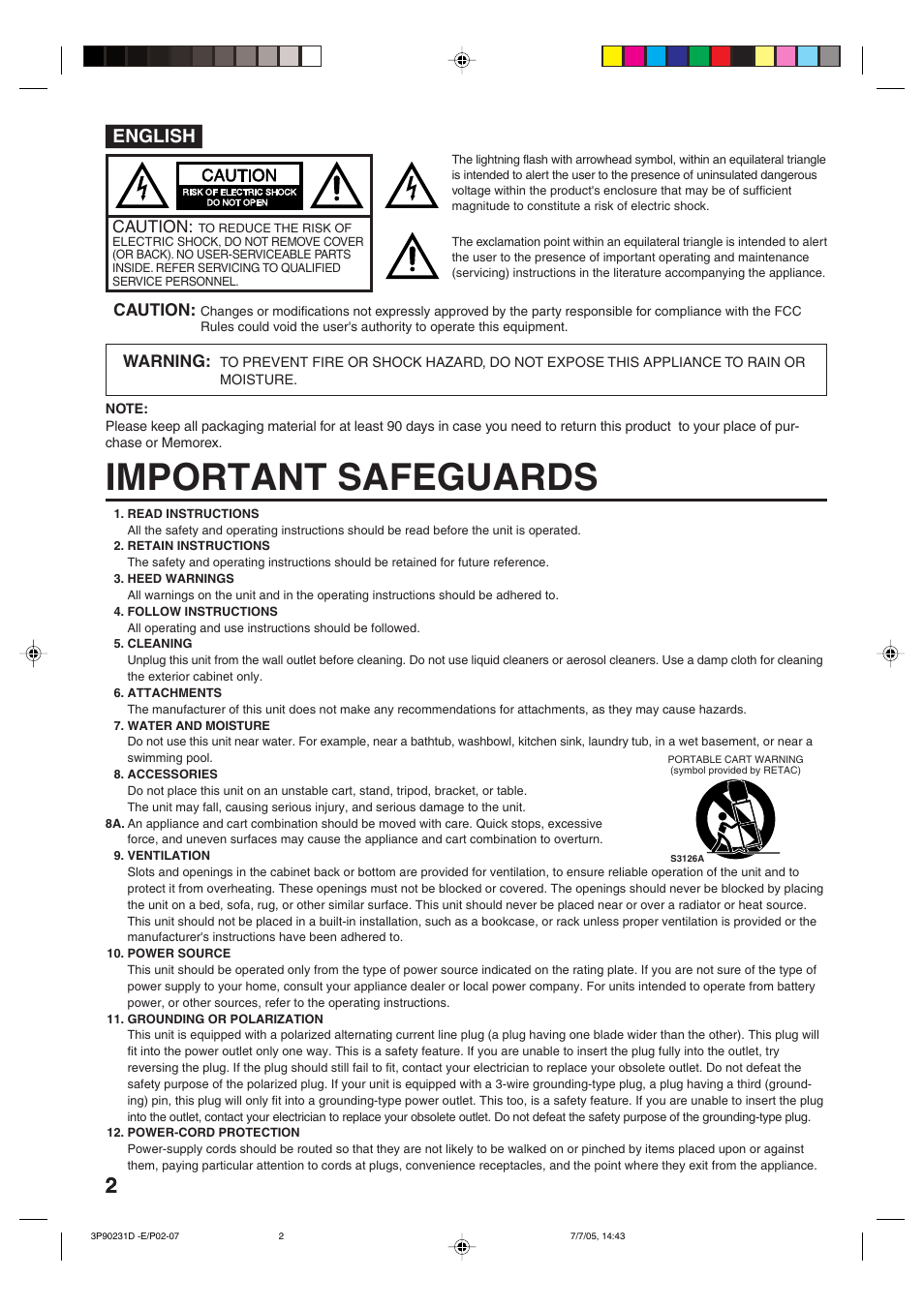 Important safeguards, English, Caution | Warning | Disney 13" Color TV User Manual | Page 2 / 32