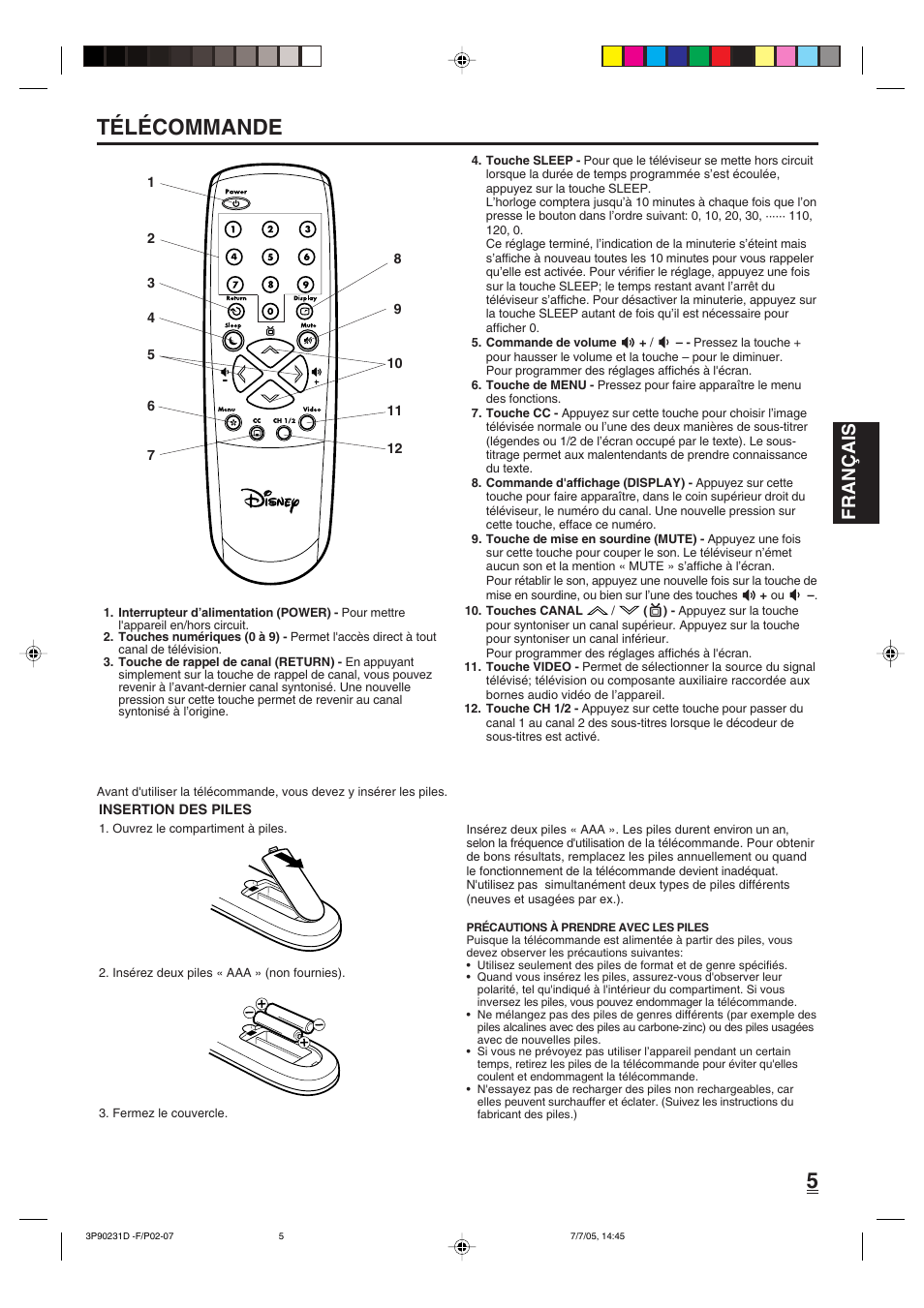 Télécommande, Fran ç ais | Disney 13" Color TV User Manual | Page 25 / 32