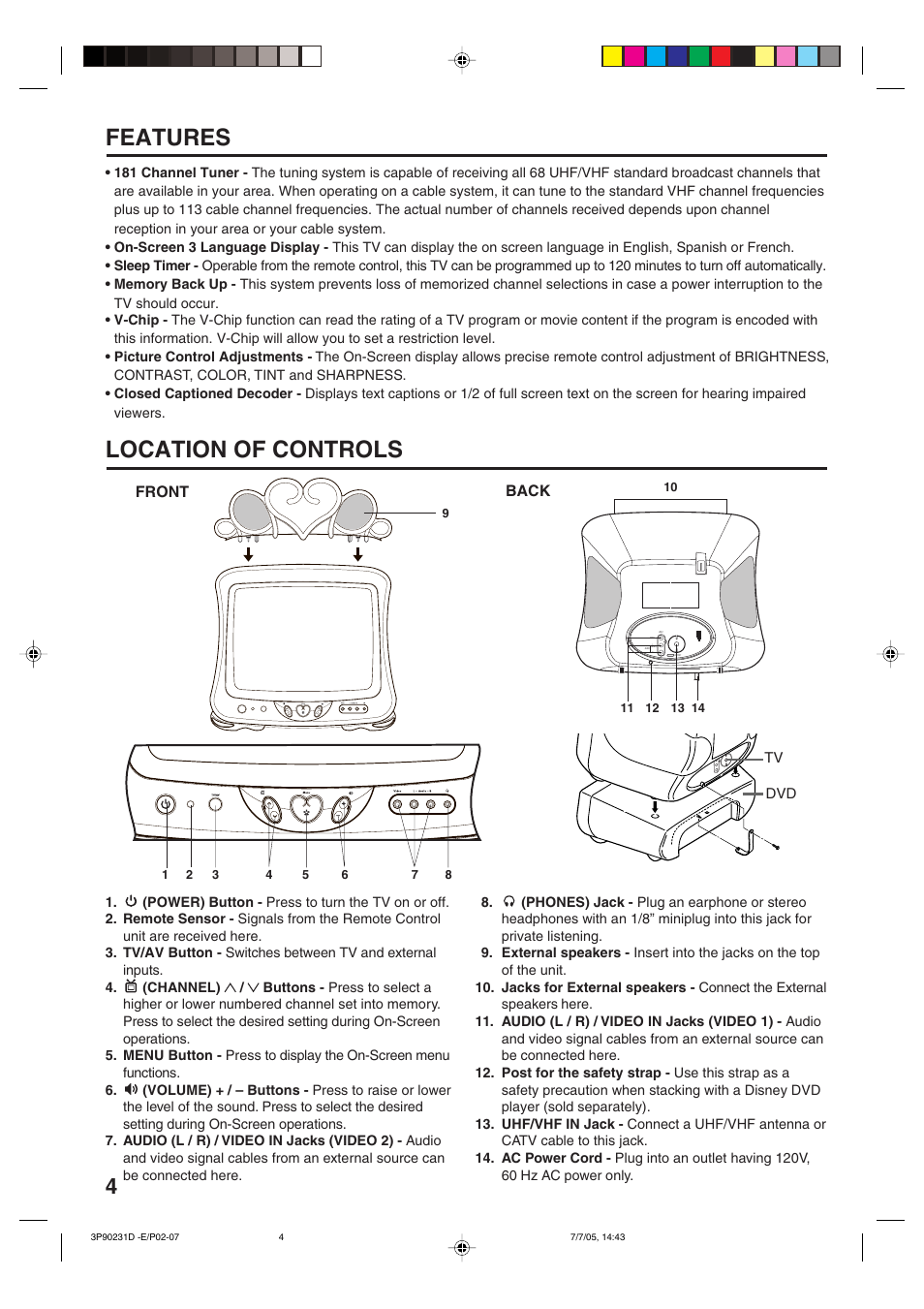 Features location of controls | Disney 13" Color TV User Manual | Page 4 / 32