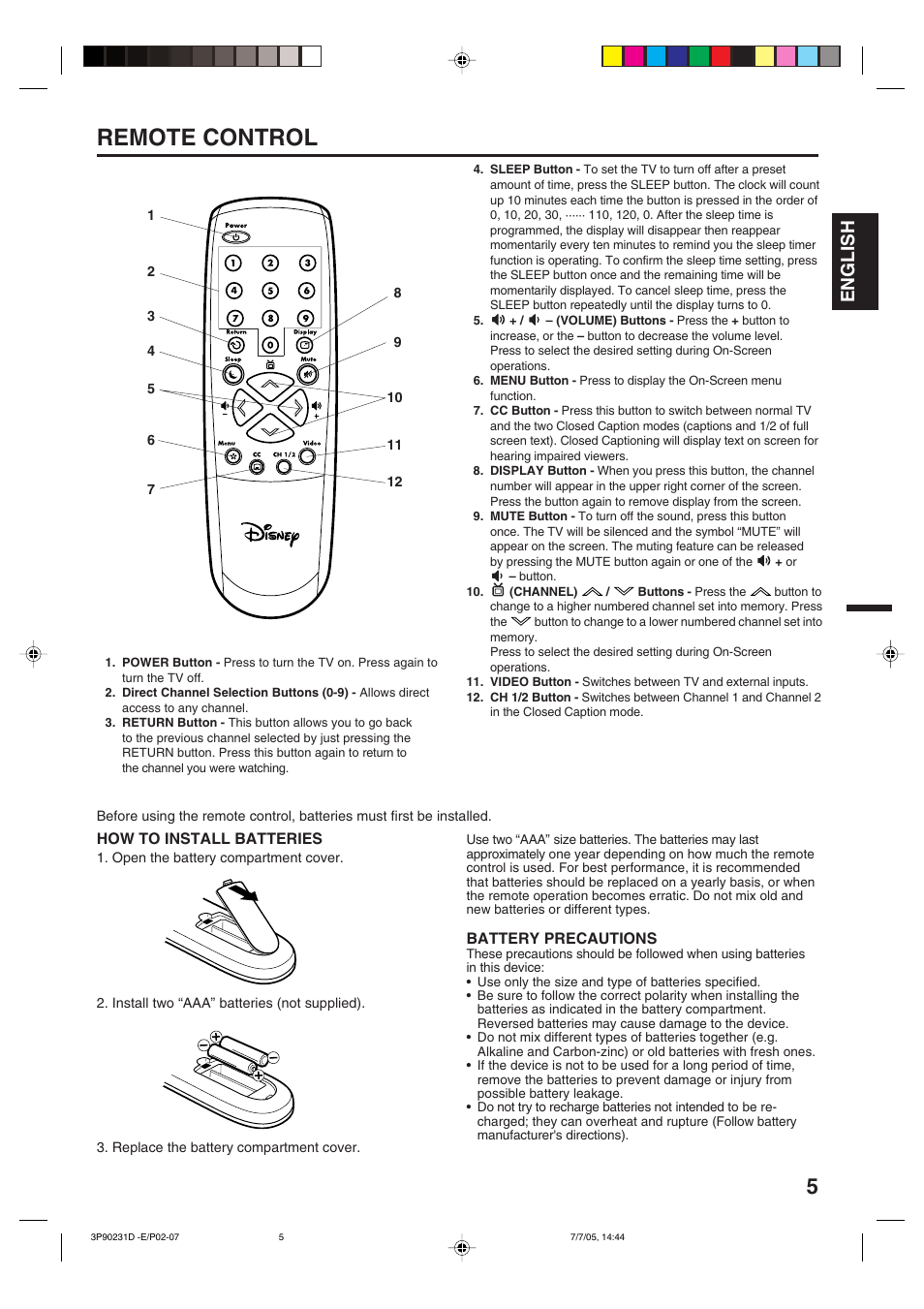 Remote control, English | Disney 13" Color TV User Manual | Page 5 / 32
