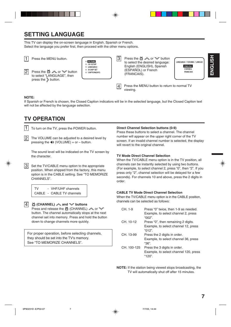 Setting language, Tv operation, English | Disney 13" Color TV User Manual | Page 7 / 32