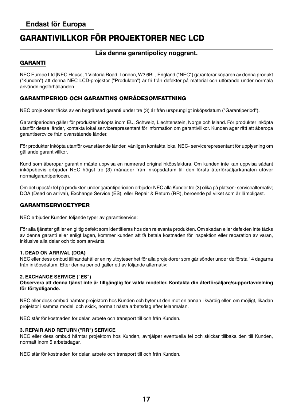 Garantivillkor för projektorer nec lcd, Endast för europa | WS-Spalluto WS-Spalluto User Manual | Page 17 / 20