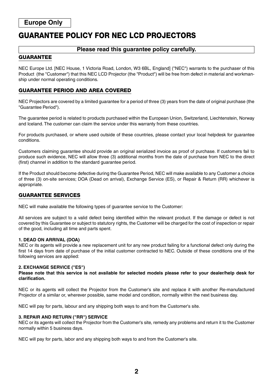 Guarantee policy for nec lcd projectors, Europe only | WS-Spalluto WS-Spalluto User Manual | Page 2 / 20